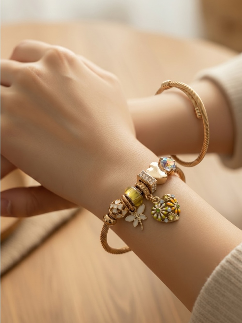 Gold-Tone Floral Charm Bracelet with Yellow Accents